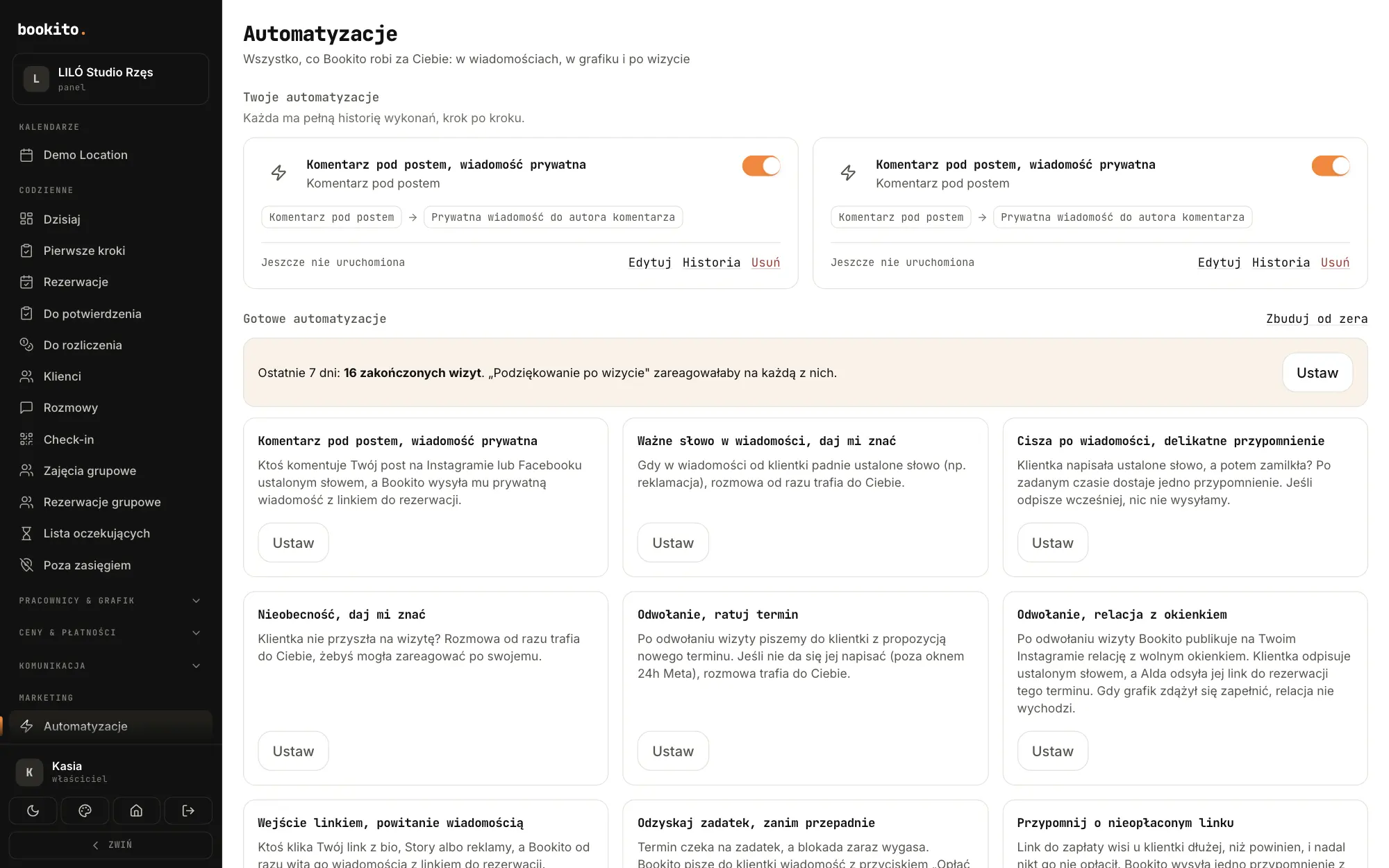 Panel Bookito: lista automatyzacji, między innymi komentarz pod postem zamieniany w wiadomość prywatną, przypomnienie po ciszy i ratowanie terminu po odwołaniu